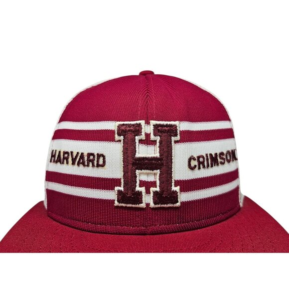 Vintage Harvard Crimson Snapback Trucker Hat Cap Mesh Lucky Stripes 80s AJD - Picture 2 of 11